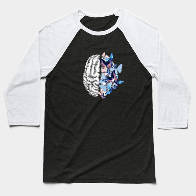 Brain blue butterflies, Mental Health Baseball T-Shirt by Collagedream